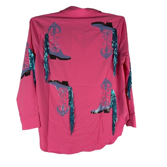 Blue b. Collection Hot Pink Western Shirt With Sequin Fringe & Boot Print Size L - Picture 2 of 8